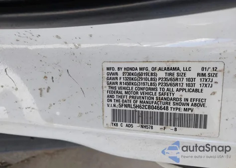 2012 Honda Odyssey Ex-L z USA, uszkodzony, nr VIN 5FNRL5H62CB046648